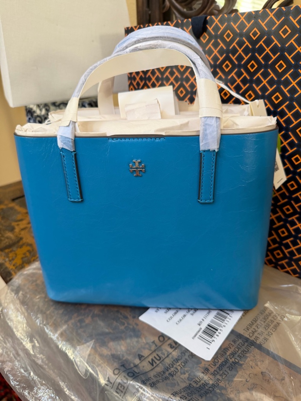 Tory Burch Blue Crinkled Leather Small Tote